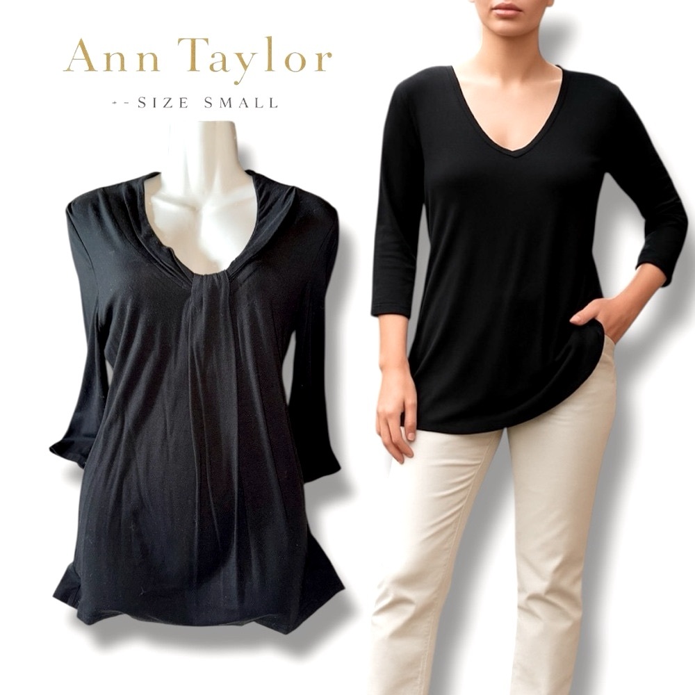 Ann Taylor Black Knit V-Neck 3/4 Sleeve Top - Soft & Chic Size Small